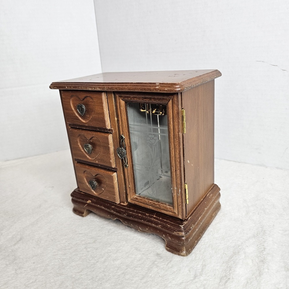 Brown Wood Jewelry Box w/ Glass Door, 3 Drawers, Lined Mirrored Interior
